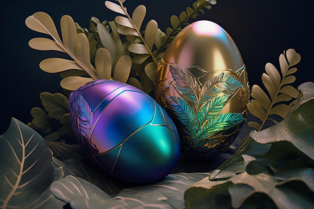 Huevos y plantas de Pascua holográficos Colores iridiscentes vibrantes Feliz día de Pascua Diseño moderno IA generativa