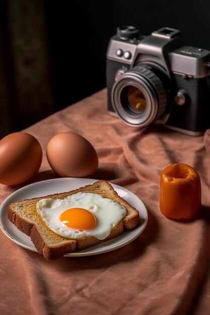 Huevos en un plato al lado de una cámara.