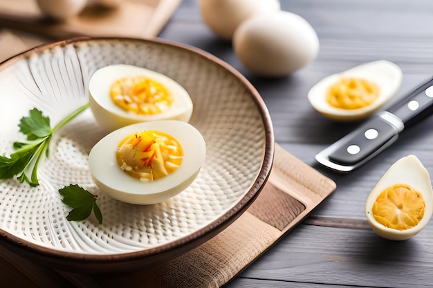 Huevos en un plato con un cuchillo y un tenedor