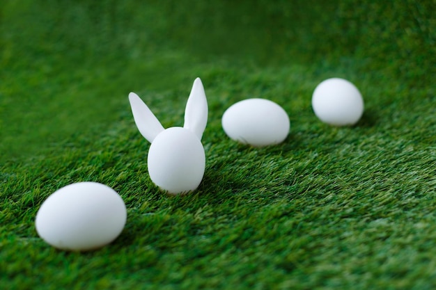 Huevos de pollo blancos sobre hierba verde detrás de los cuales se esconden las orejas del conejito de Pascua que son símbolos para la celebración de la festividad religiosa entre cristianos y católicos