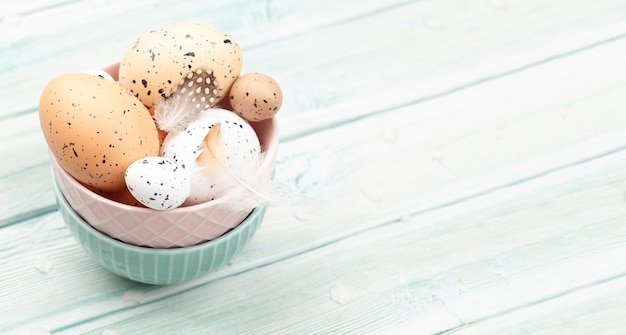 Huevos de pollo y codorniz en un tazón