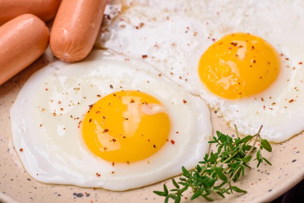 Foto huevos de pollo fritos salchichas tomates cerezas garbanzos especias sal y hierbas