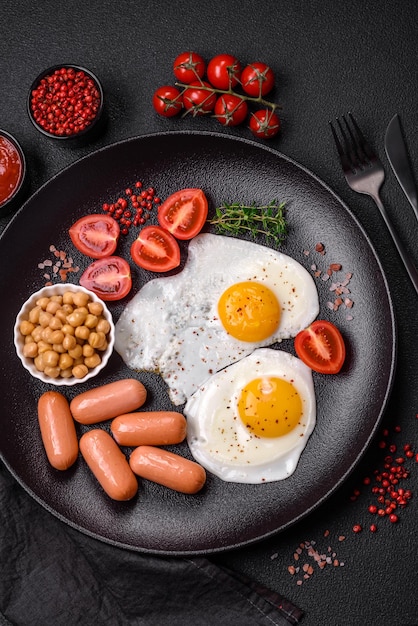 Huevos de pollo fritos salchichas tomates cerezas garbanzos especias sal y hierbas