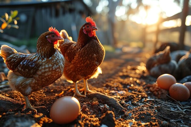 huevos y pollo en la granja