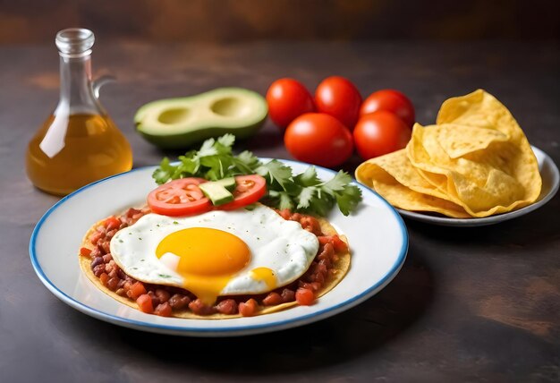 Huevos rancheros mit gebratenen Eiern, Bohnen und Tomaten auf einem Teller mit Tortillachips
