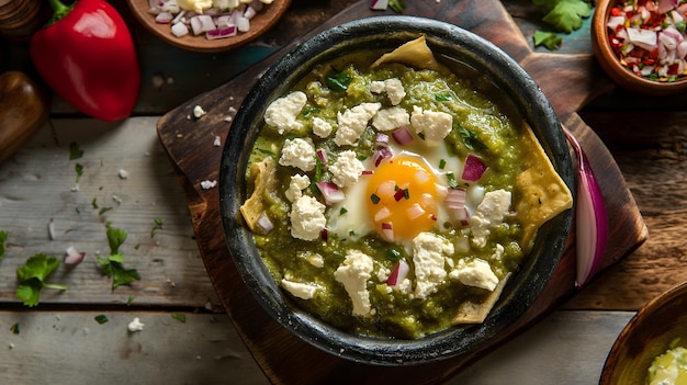 Huevos Rancheros saborosos com abacate fresco e limão em superfície de madeira