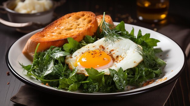 Huevos revueltos con croutones tostadas y verduras para el desayuno el concepto de una comida saludable de proteínas