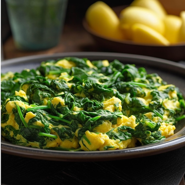 Huevos revueltos con espinacas y patatas sobre un fondo oscuro