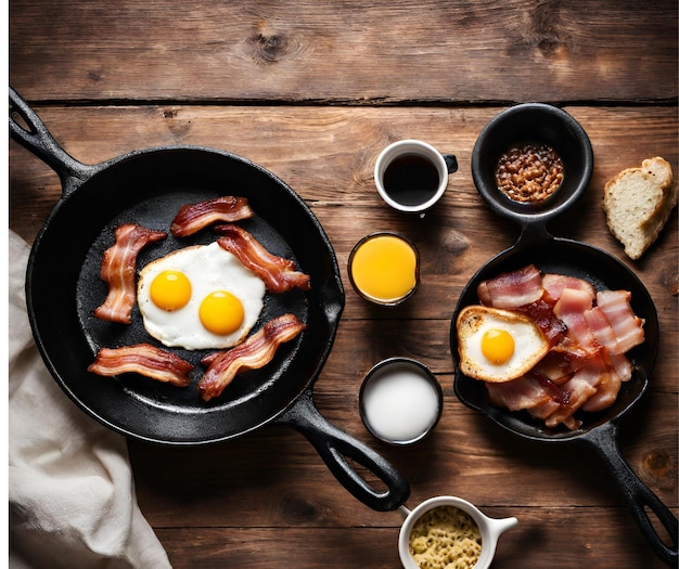 Huevos revueltos con tocino en una sartén sobre una mesa de madera