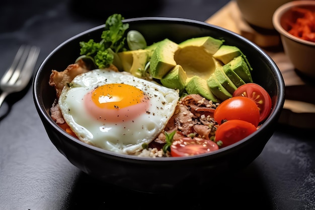 Huevos revueltos con tomates cereza, aguacate, queso feta y aceite de oliva