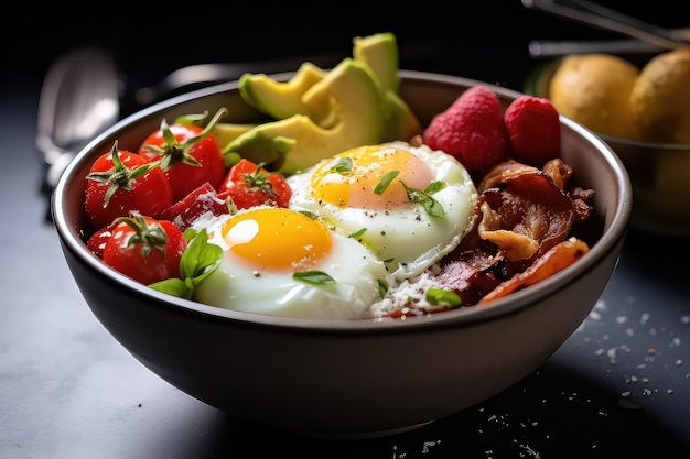 Huevos revueltos con tomates cereza, aguacate, queso feta y aceite de oliva