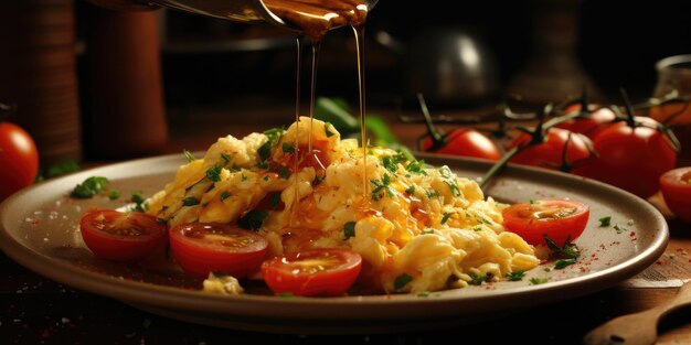 Huevos revueltos con tomates en un plato en primer plano Foto de alta calidad IA generativa