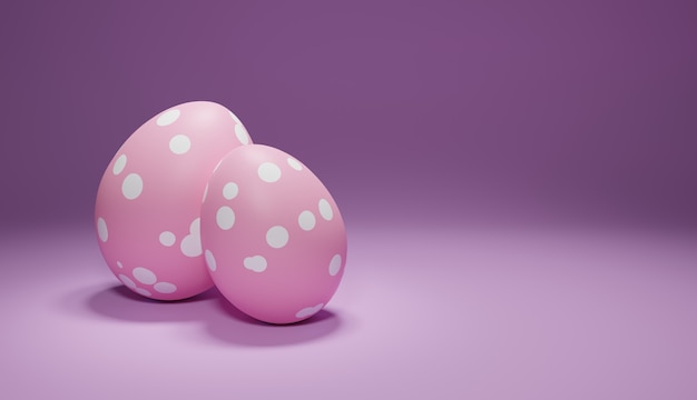 Huevos rosados en un punto blanco sobre una mesa lila, render 3d