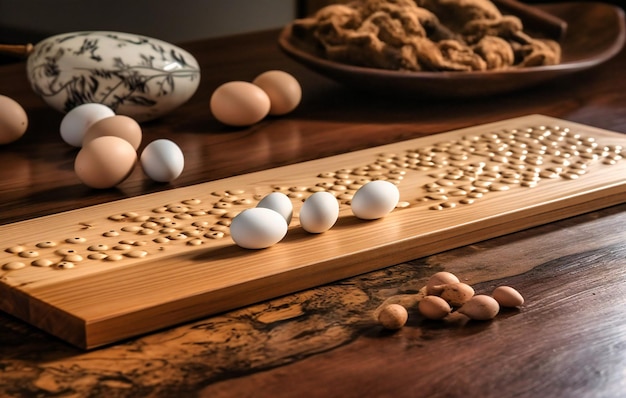 Huevos y semillas sobre mesa y tablero de madera.