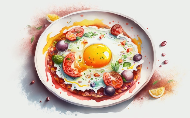 Huevos de Shakshuka dibujados escalfados en salsa de tomates ilustraciones de comida de desayuno de acuarela Generati