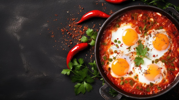 Huevos Shakshuka en una sartén sobre fondo de hormigón negro Huevos revueltos judíos tradicionales AI endecha plana