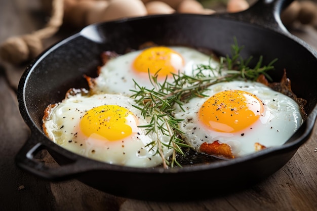 Huevos de Sunnysideup en una sartén de hierro