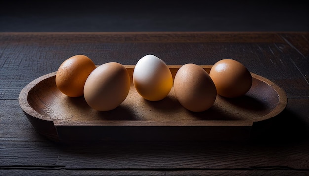 Huevos en una tabla de madera Fondo de madera IA generativa