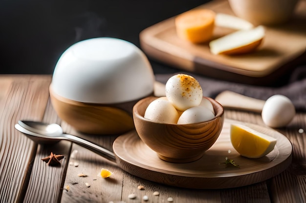 huevos en un tazón con una cuchara y una cuchara en la mesa.