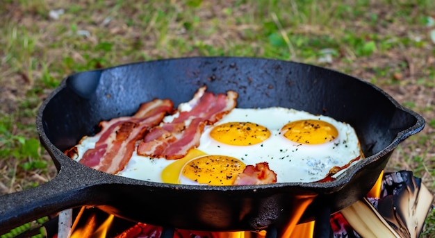 huevos y tocino cocinados con aceite con leña al aire libre en un paseo al aire libre