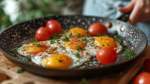 Huevos con tomates y hierbas en una sartén para un desayuno saludable