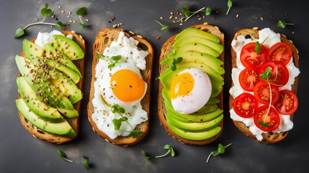 Huevos tostados con aguacate y tomates