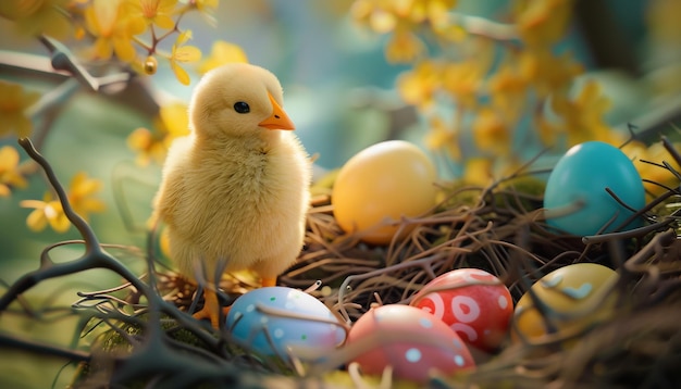 Huhn mit Ostereiern im Nest