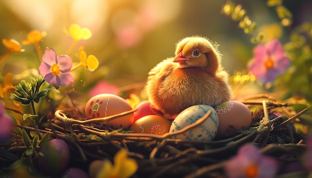 Huhn mit Ostereiern im Nest