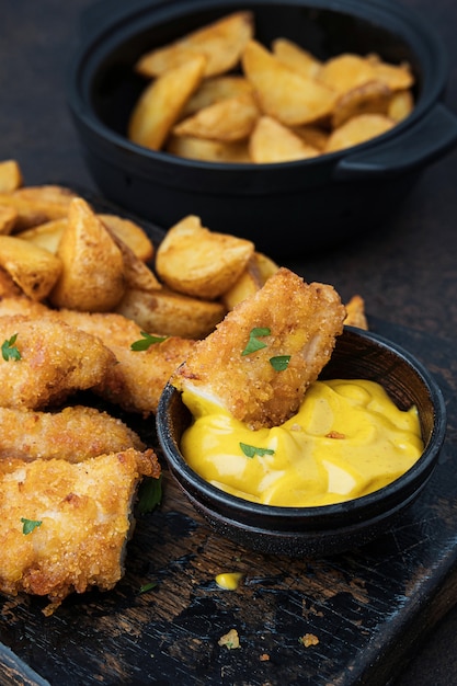 Huhn mit Soße und Kartoffeln auf dunklem Tisch