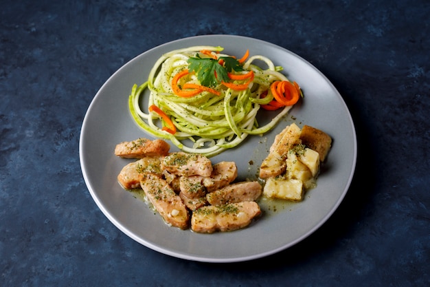 Huhn mit Spaguetti von Zucchini