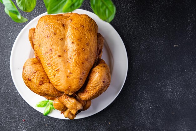 Huhn oder Truthahn gebacken Urlaub Vogel Gericht Snack Mahlzeit Essen Snack Diät auf dem Tisch Kopie Raum Essen