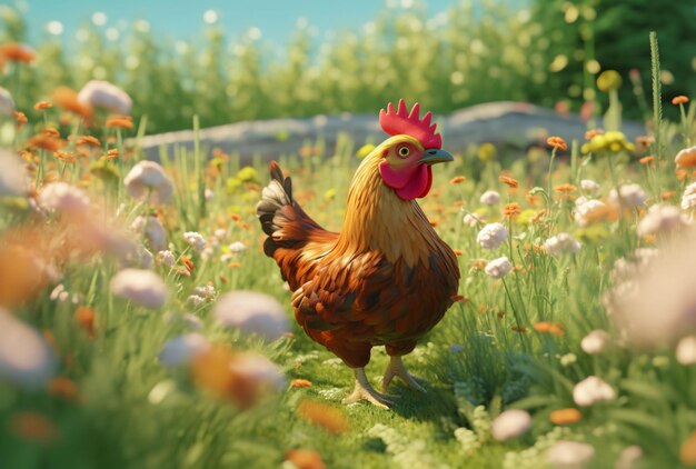 Huhn steht auf einem Feld mit Wildblumen