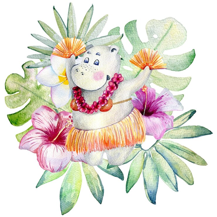 Foto hula hawaii dança ilustração em aquarela de hipopótamo dançando isolada em fundo branco