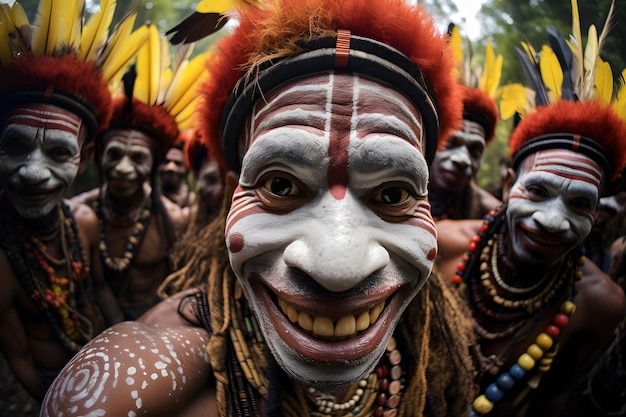 Huli Wigmen aus Papua-Neuguinea, traditionelle Kleidung und Gesichtsbemalung