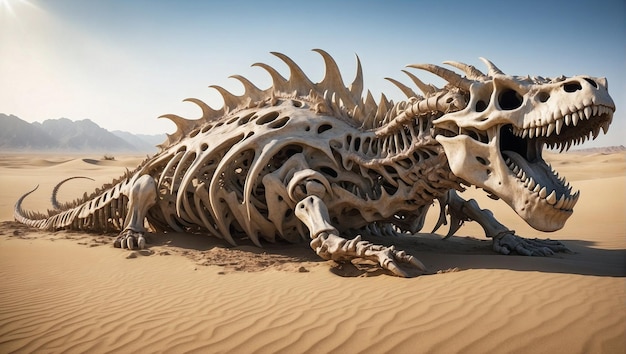 Hulking e inspirando temor o colossal esqueleto mítico do dragão telas parcialmente submerso no
