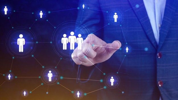 Human Resources HR Management Beschäftigungs-Headhunting-Konzept Geschäftsmann drückt moderne soziale Knöpfe auf einem virtuellen Hintergrund