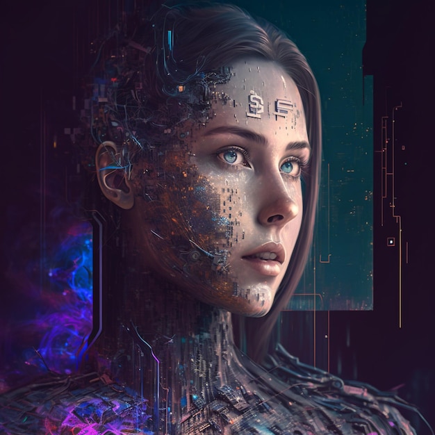 Humana robótica futurista com conceito de inteligência artificial ou cérebro mestre