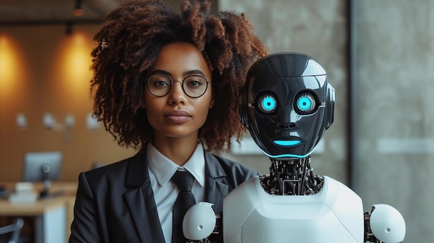 Humanidad y robótica Joven negra y robot Interacción futurista generada por IA