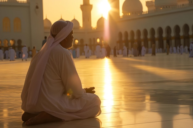 Humano ajoelhado em frente à mesquita enquanto o sol se põe na cidade