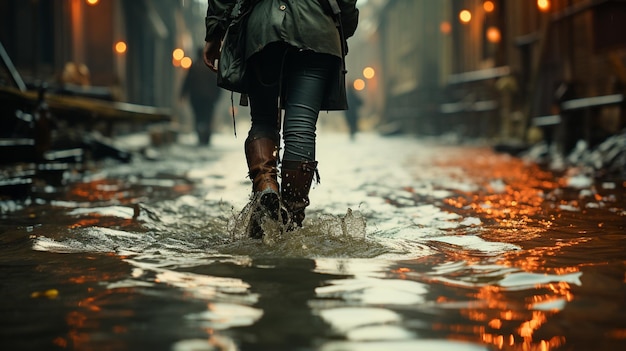 Foto humano con botas en el agua de la inundación