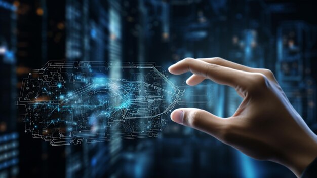 Humano con cinco dedos en la mano toque la pantalla 3d con fondo de tecnología de la información de alta tecnología