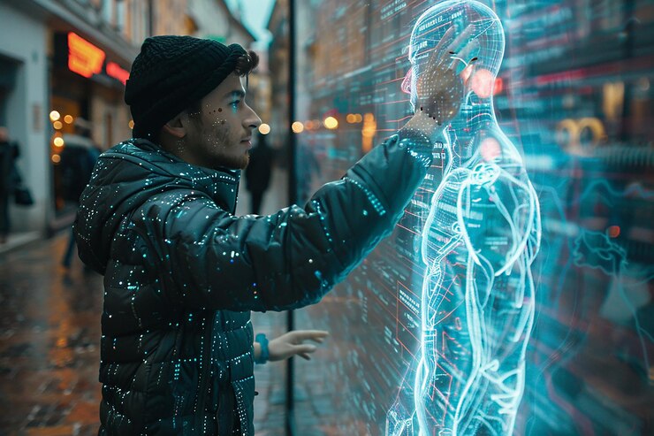 Humano comunicándose con un sistema de IA holográfico que representa la integración de la inteligencia artificial en la vida diaria