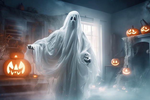 Humano disfrazado de fantasmas espeluznantes volando dentro de la casa vieja o el bosque por la noche Concepto de Halloween