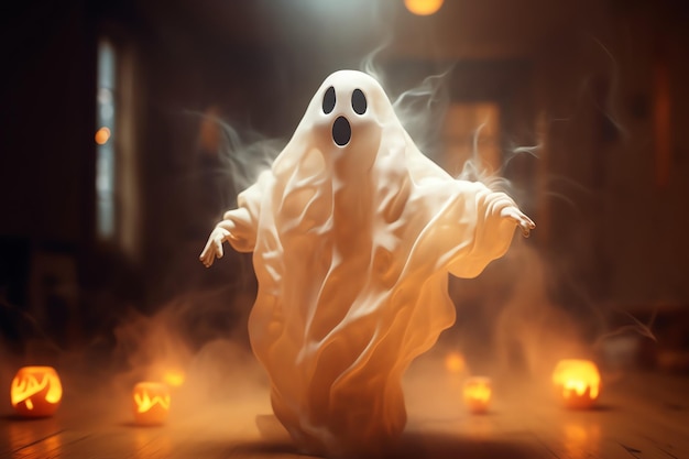 Humano disfrazado de fantasmas espeluznantes volando dentro de la casa vieja o el bosque por la noche Concepto de Halloween