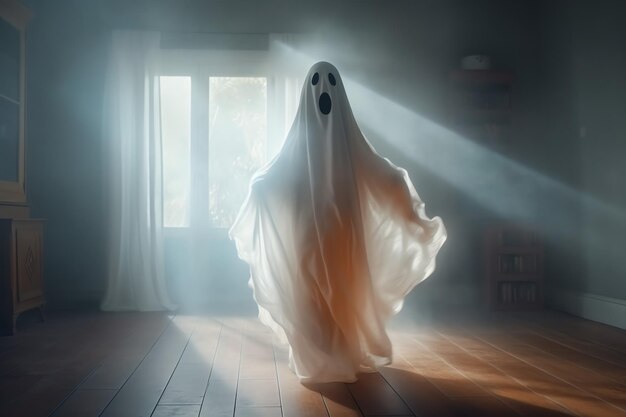 Foto humano disfrazado de fantasmas espeluznantes volando dentro de la casa vieja o el bosque por la noche concepto de halloween