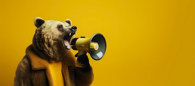 Humano elegante como urso anunciando usando alto-falante de mão Notificando anúncio de aviso