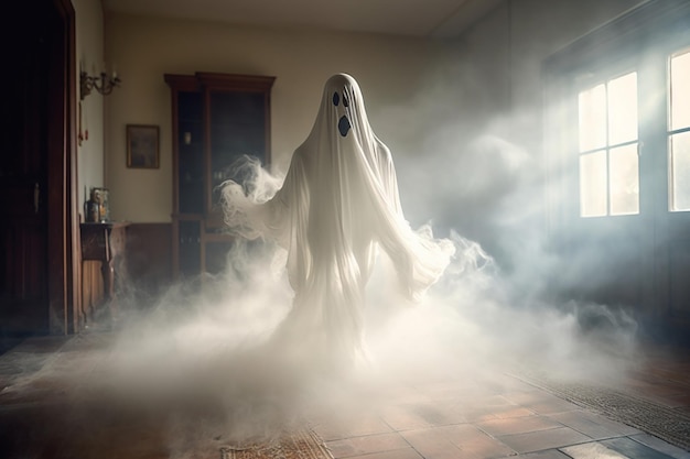 Humano em traje de fantasmas assustadores voando dentro da velha casa ou floresta à noite Conceito de Halloween