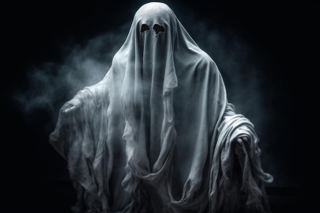 Humano em traje de fantasmas assustadores voando dentro da velha casa ou floresta à noite Conceito de Halloween