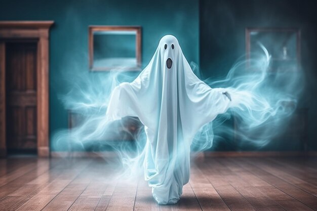 Foto humano em traje de fantasmas assustadores voando dentro da velha casa ou floresta à noite conceito de halloween