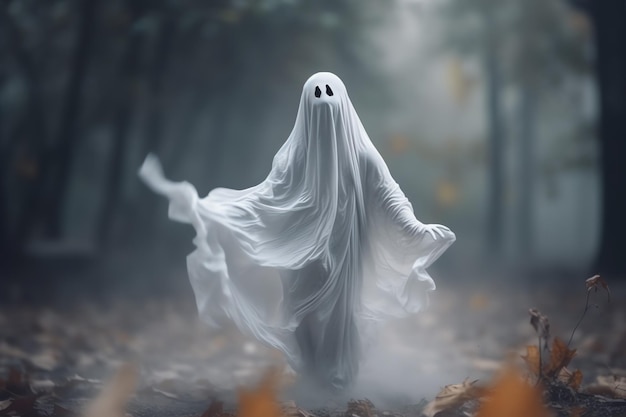 Humano em traje de fantasmas assustadores voando dentro da velha casa ou floresta à noite Conceito de Halloween